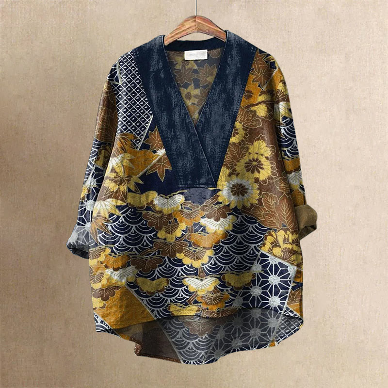 Traditional Japanese Pine Grain And Various Pattern Printed Casual V-neck Shirt - Navy Blue - 6XL - image 1