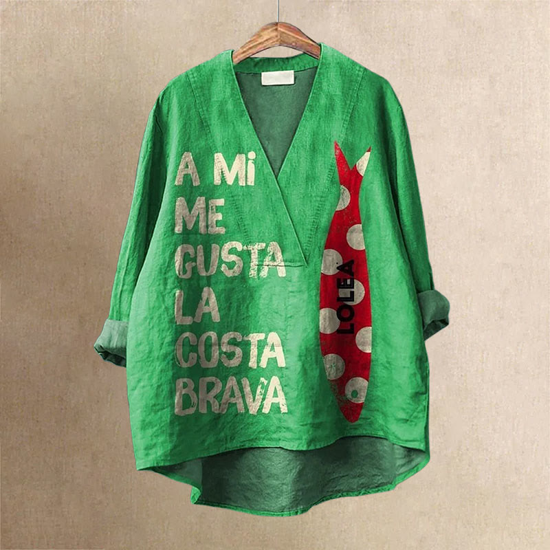 Sardine Fish Art Printed Casual V-neck Shirt - Green - 6XL - image 1