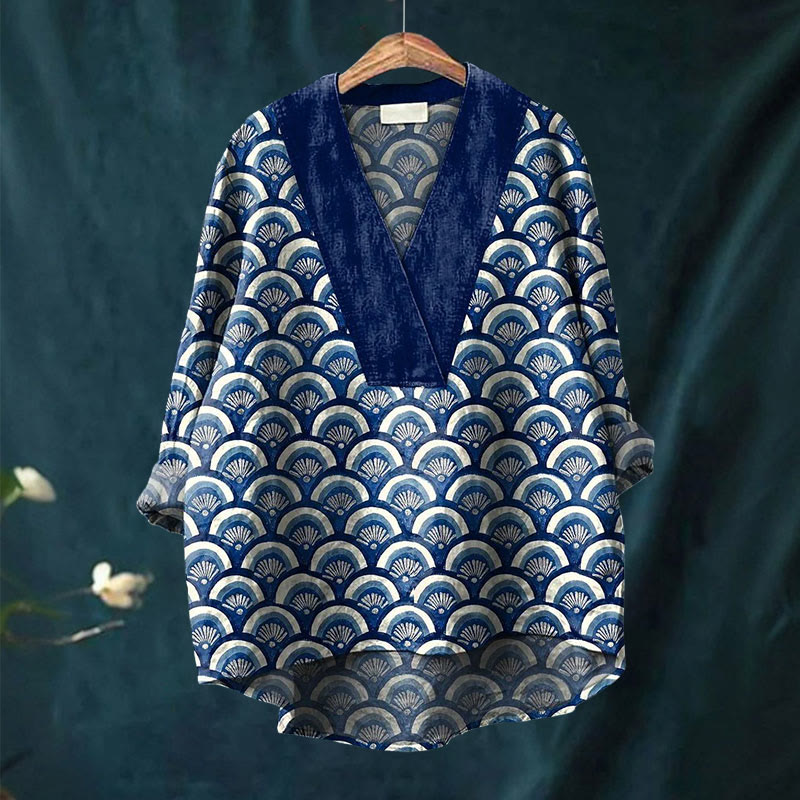 Japanese Traditional Style Printed Casual V-neck Shirt - image 2