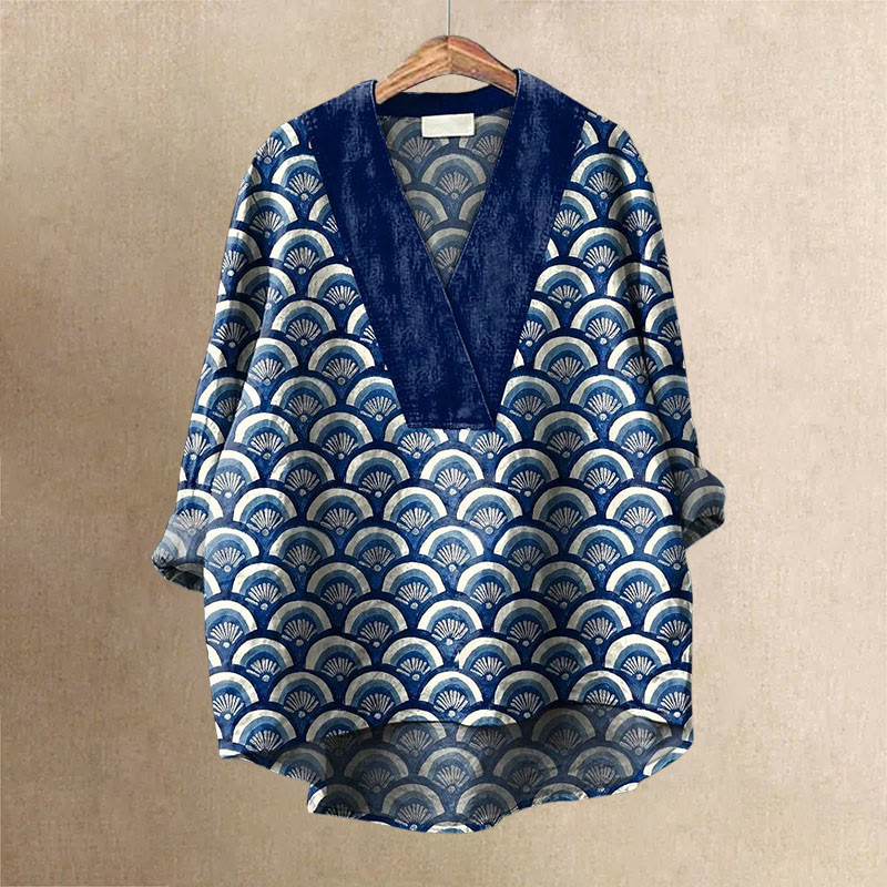 Japanese Traditional Style Printed Casual V-neck Shirt - Navy Blue - 6XL - image 1