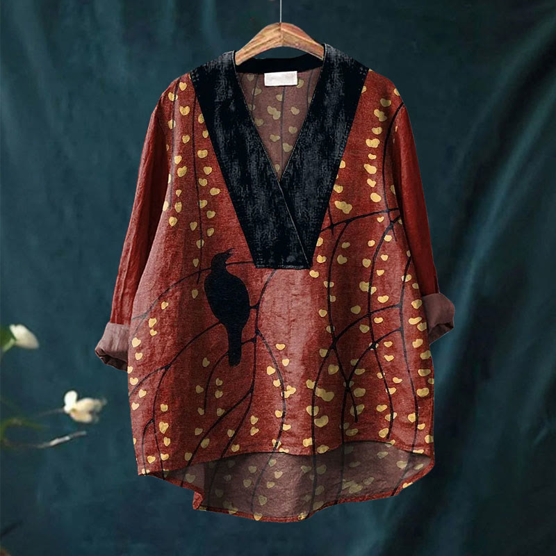 Japanese Style Flower Branch And Black Bird Printed Casual V-neck Shirt - image 2