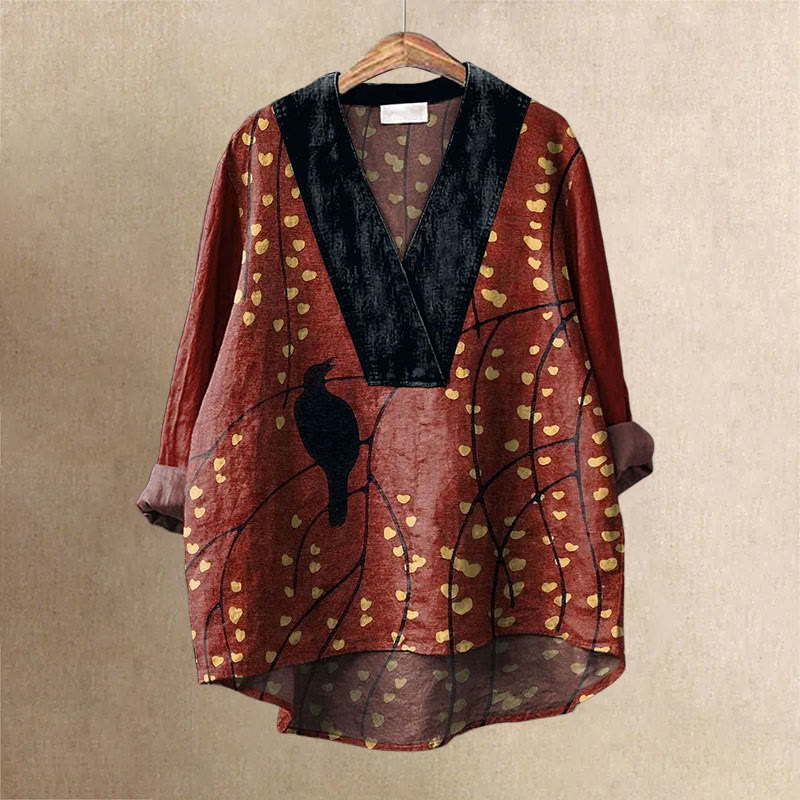 Japanese Style Flower Branch And Black Bird Printed Casual V-neck Shirt - Red - 6XL - image 1