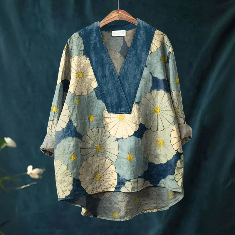 Japanese Simple Round Flower Printed Casual V-neck Shirt - image 2