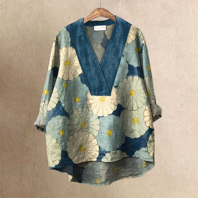 Japanese Simple Round Flower Printed Casual V-neck Shirt - Dark Blue - 6XL - image 1