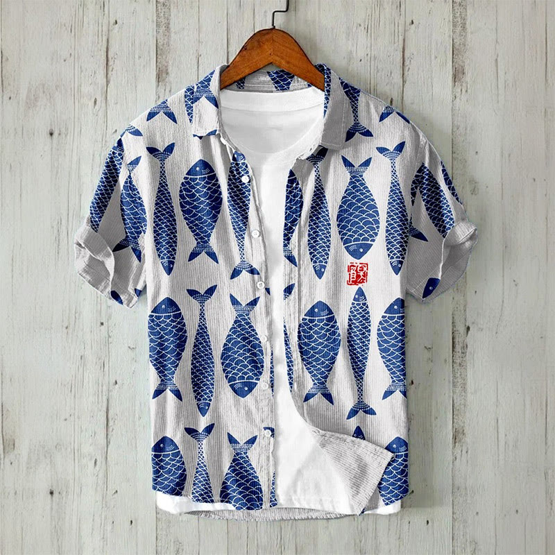 Vintage Fish Art Print Short Sleeve Shirt - Blue - 5XL - image 1