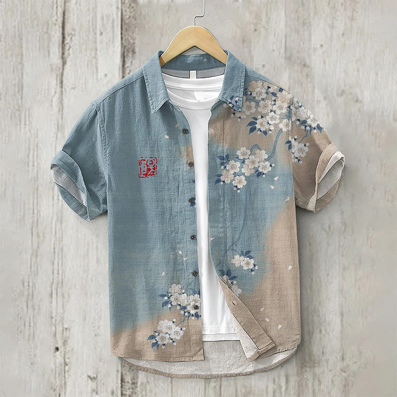 Japanese Cherry Blossom Art Print Short Sleeve Shirt - Blue - 5XL - image 2