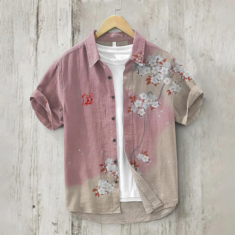 Japanese Cherry Blossom Art Print Short Sleeve Shirt - Pink - 5XL - image 1