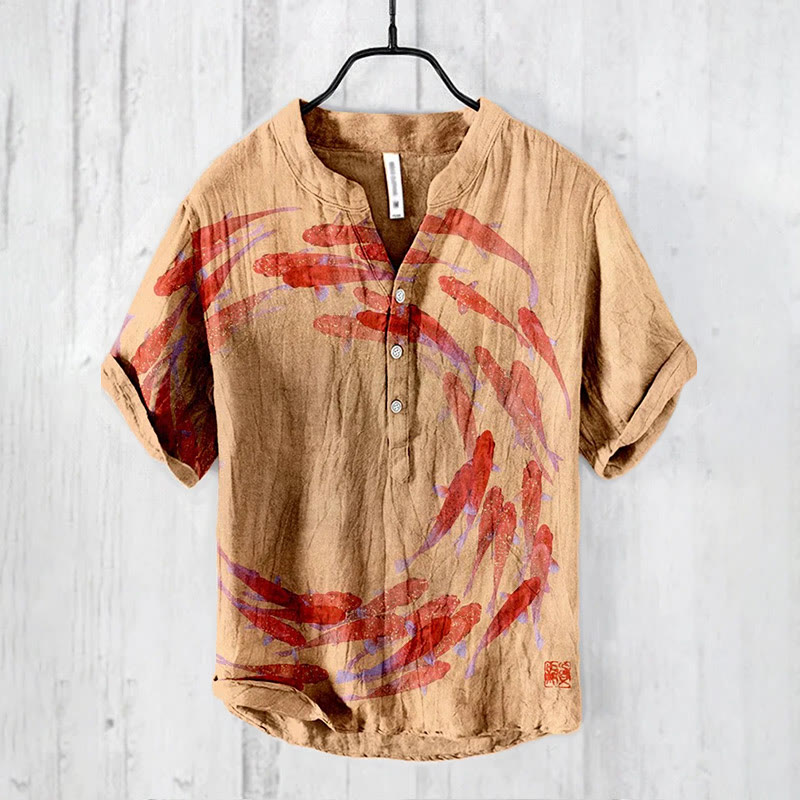 Vintage Japanese Koi Fish Art Print Casual Shirt - Khaki - 6XL - image 1