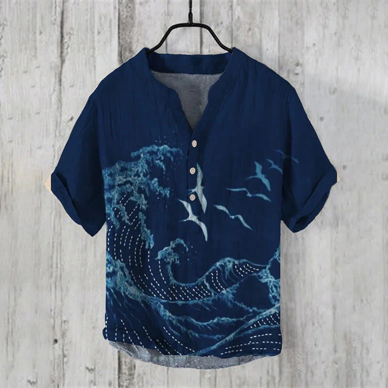 Wave Embroidery Thread Art Print Casual Shirt - Navy Blue - 6XL - image 1