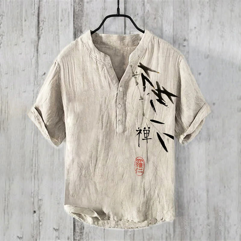Vintage Zen Bamboo Japanese Text Art Print Casual Shirt - Apricot - 6XL - image 1