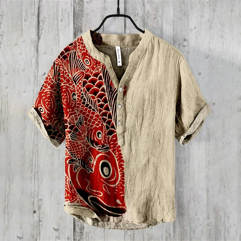 Vintage Red Koi Art Print Casual Shirt - Khaki - 6XL - image 1