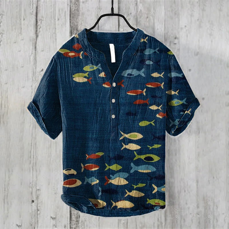 Colorful Fish Art Print Casual Shirt - Navy Blue - 6XL - image 1