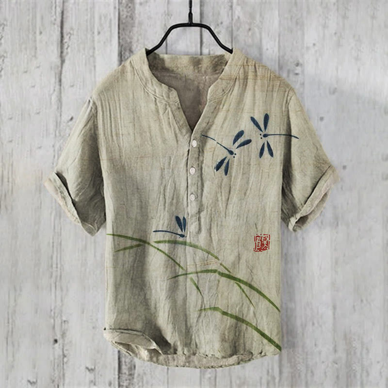 Dragonflies Of Spring Japanese Art Print Casual Shirt - Khaki - 6XL - image 1