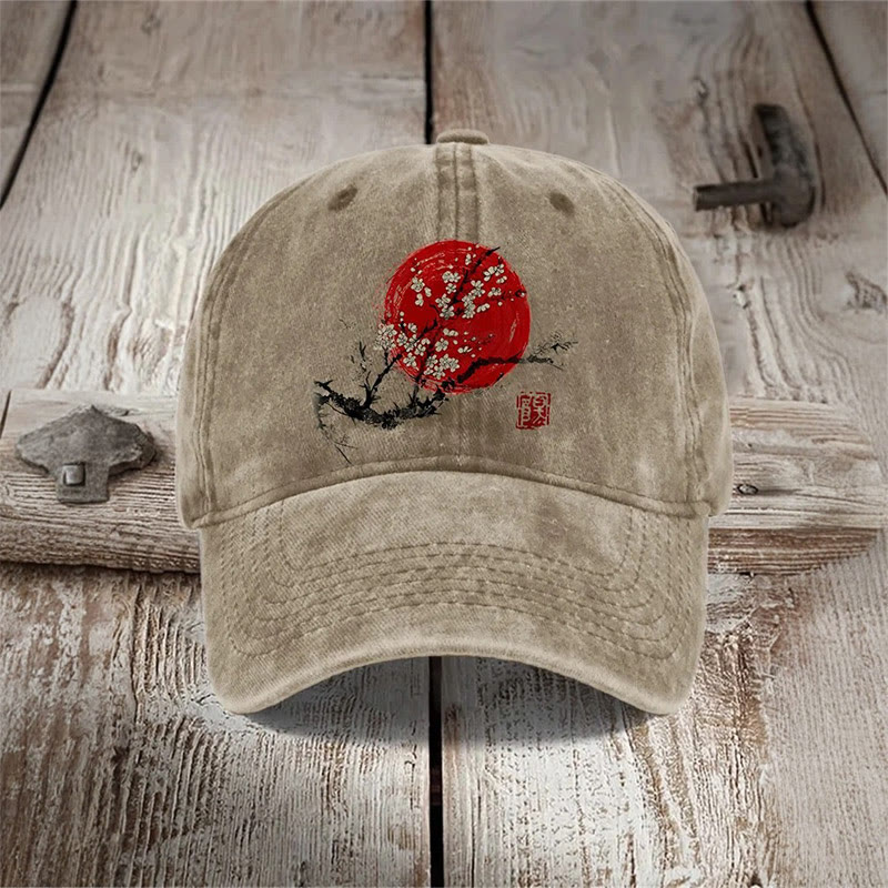 Plum Blossom Sunrise Japanese Art Print Washed Cap - Khaki - one size - image 1