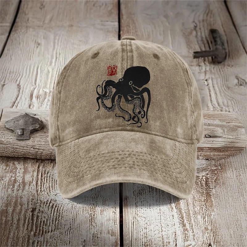 Octopus Japanese Lino Art Print Washed Cap - Black - one size - image 1