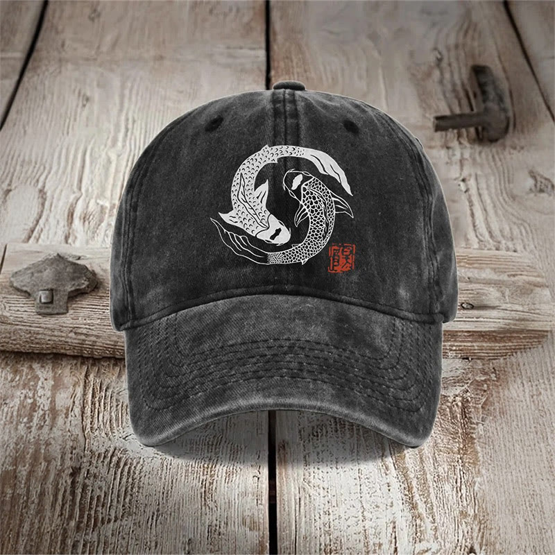 Carp Fish Contrast Japanese Lino Art Print Washed Cap - Black - one size - image 1