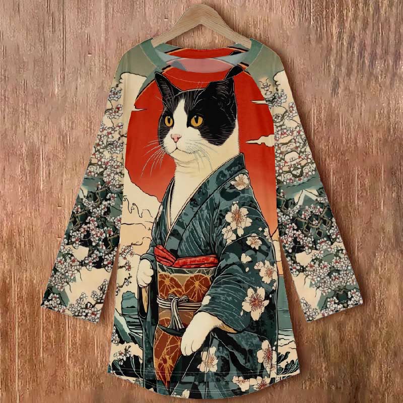 Women's Japanese Lovely Sakura Kimono Cat Art Long Sleeved Tunic - image 2