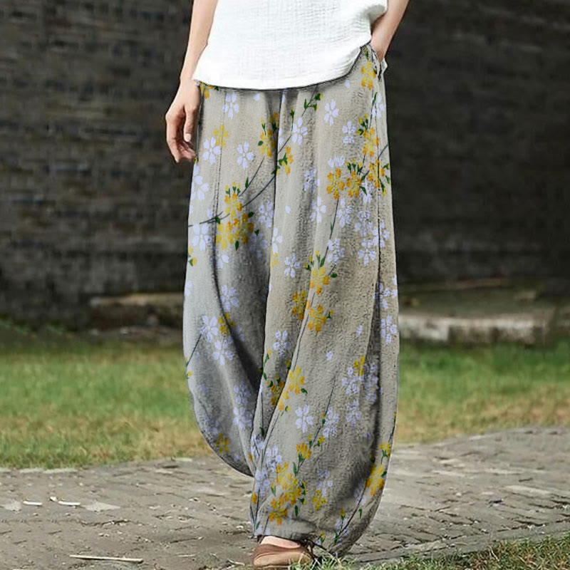 Vintage Japanese Sakura Blossoms Art Print Casual Pants - Khaki - 5XL - image 1