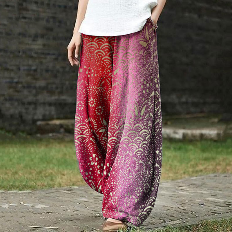 Retro Japanese Floral Butterfly Paper-cut Art Print Casual Pants - Red - 5XL - image 1