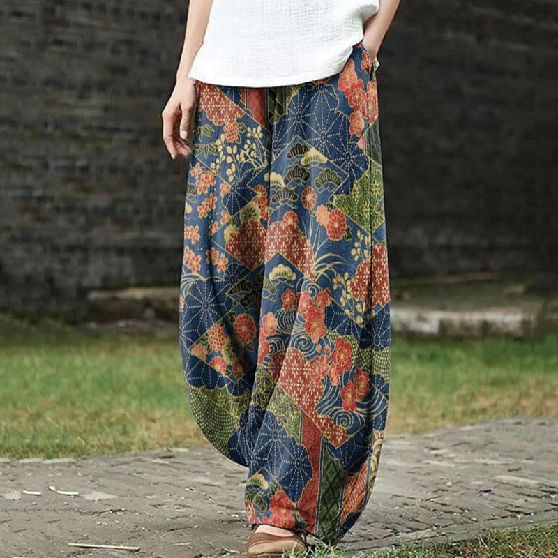 Retro Japanese Traditional Pattern Patchwork Art Print Casual Pants - Navy Blue - 5XL - image 1