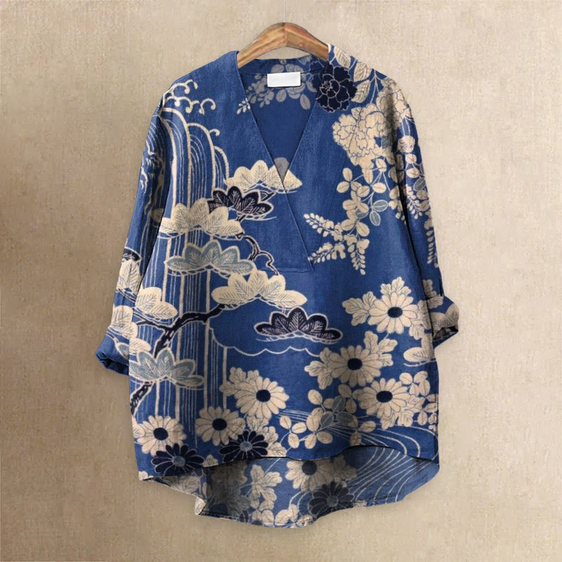 Women's Retro Sketching Floral Art Printed Casual V-neck Blouse - Blue - 6XL - image 1