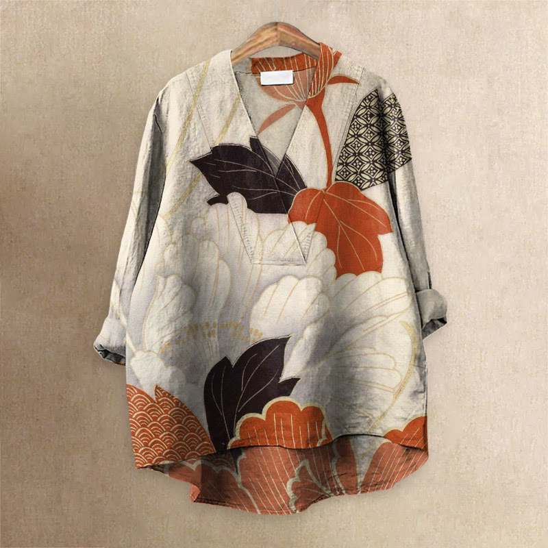 Women's Japanese Colored Leaves Art Printed Casual V-neck Blouse - Apricot - 6XL - image 1