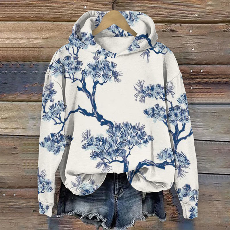 Japanese Pine Tree Print Long Sleeve Hoodie - Blue - 8XL - image 1