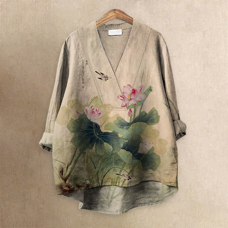 Women's Japanese Vintage Lotus Art Printed Casual V-neck Blouse - Khaki - 6XL - image 1