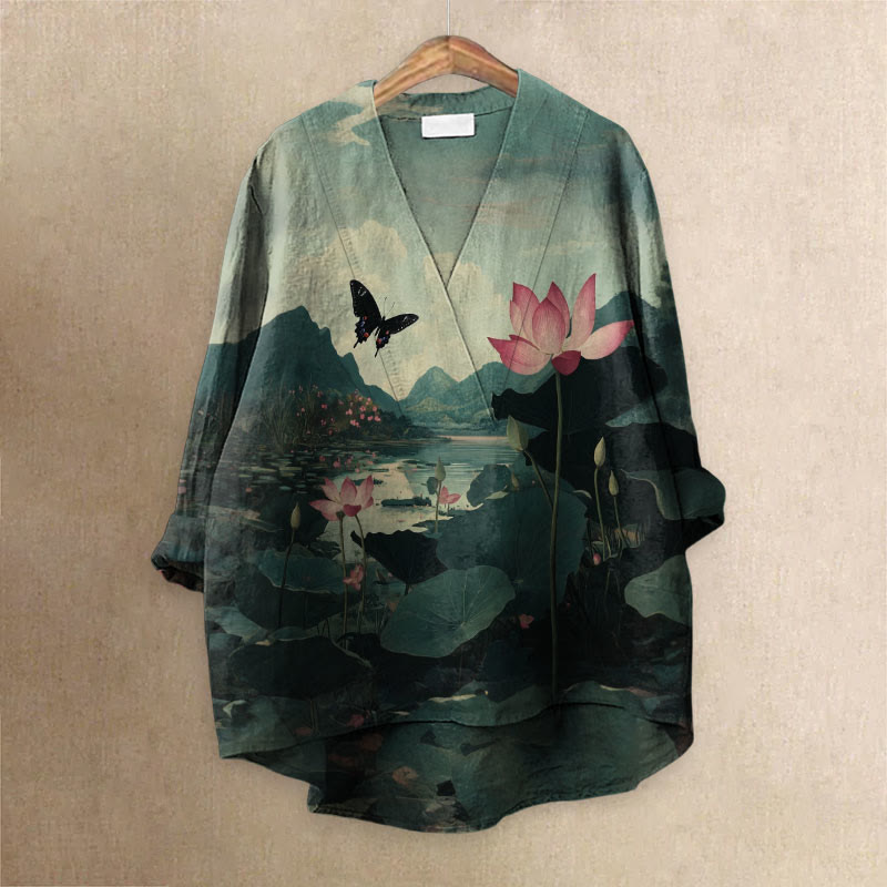 Women's Lovely Butterfly With Lotus Pond Printed Casual V-neck Blouse - Dark Green - 6XL - image 1