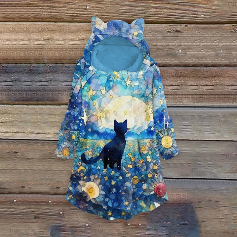 Dreamy Moonlight Star Cat Print Women's Kangaroo Pocket Cute Cat Ear Fuzzy Fleece Hoodie - Blue - 6XL - image 1