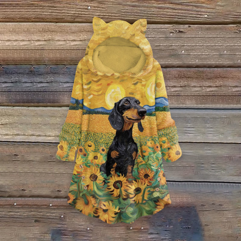 Sunflower Dachshund Oil Painting Art Print Women's Kangaroo Pocket Cute Cat Ear Fuzzy Fleece Hoodie - Yellow - 6XL - image 1