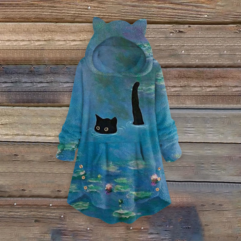 Oil Painting Cat Print Women's Kangaroo Pocket Cute Cat Ear Fuzzy Fleece Hoodie - Dark Blue - 6XL - image 1