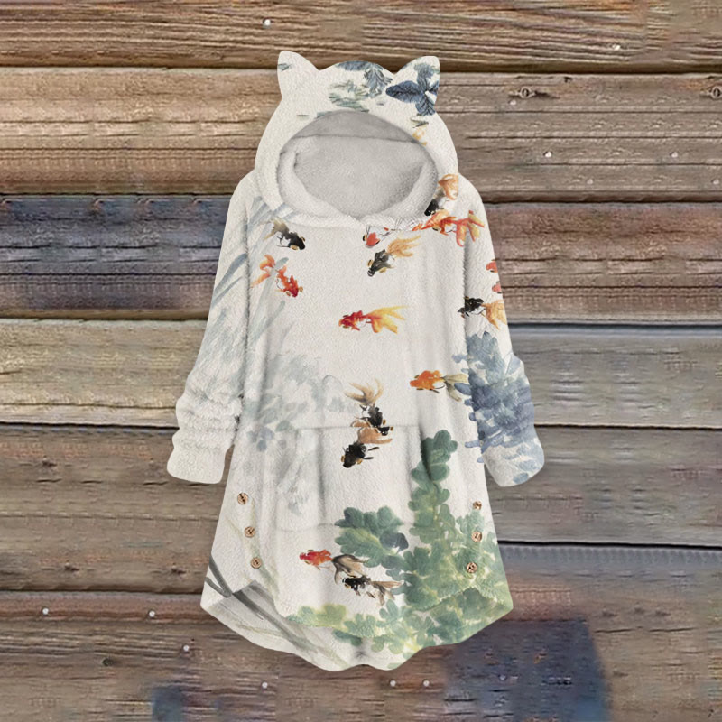 Watercolor Goldfish Art Print Women's Kangaroo Pocket Cute Cat Ear Fuzzy Fleece Hoodie - Beige - 6XL - image 1