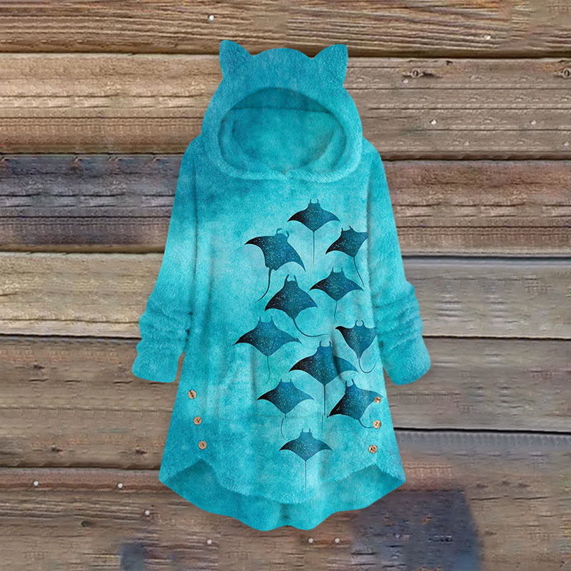 Vintage Manta Ray Art print Women's Kangaroo Pocket Cute Cat Ear Fuzzy Fleece Hoodie - Blue - 6XL - image 1