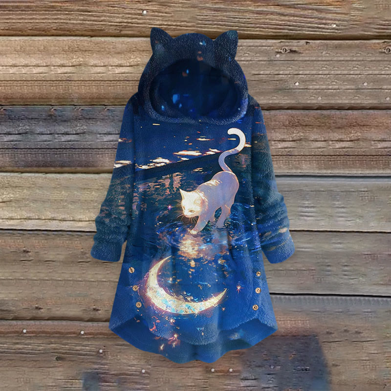 Fantasy Cat Catching The Moon Print Women's Kangaroo Pocket Cute Cat Ear Fuzzy Fleece Hoodie - Dark Blue - 6XL - image 1