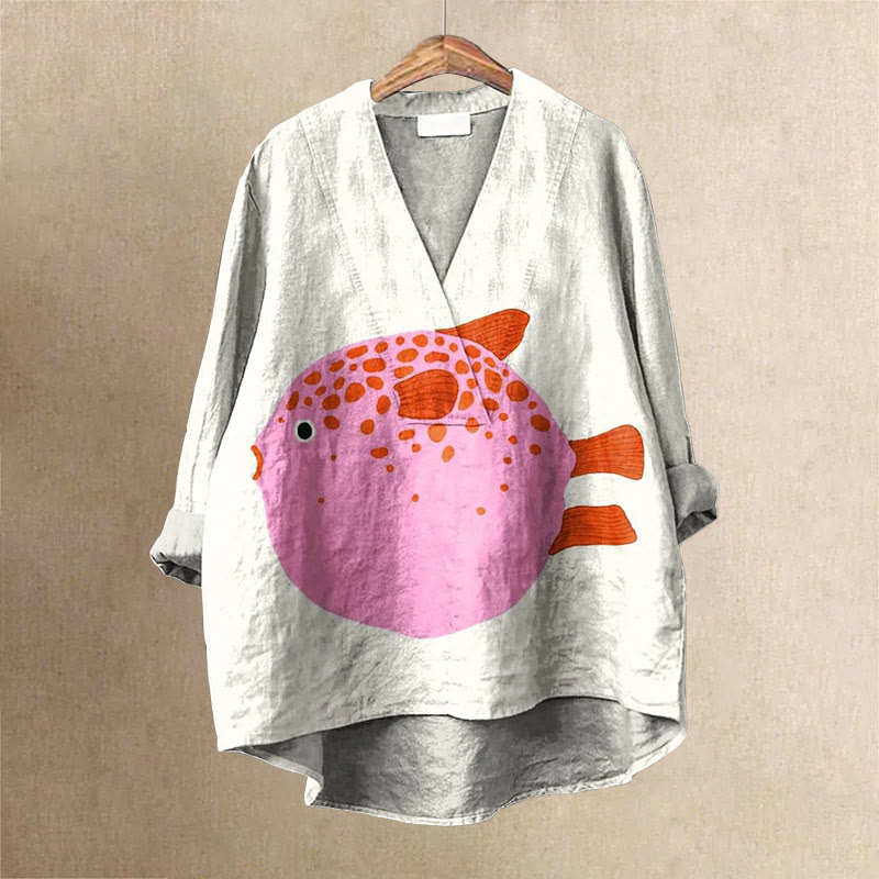 Women's Cute Cartoon Pufferfish Art Printed Casual V-neck Blouse - White - 6XL - image 1