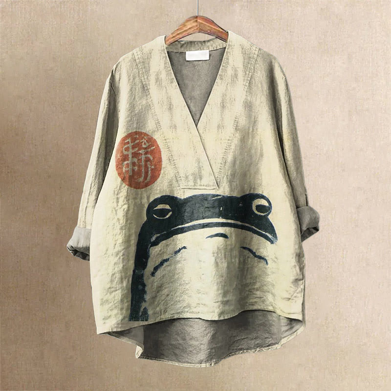 Women's Japanese Abstract Frog Printed Casual V-neck Blouse - Apricot - 6XL - image 1