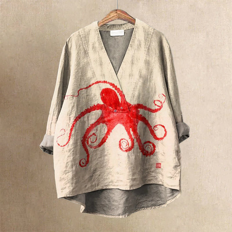 Women's Japanese Watercolor Octopus Art Printed Casual V-neck Blouse - Apricot - 6XL - image 1