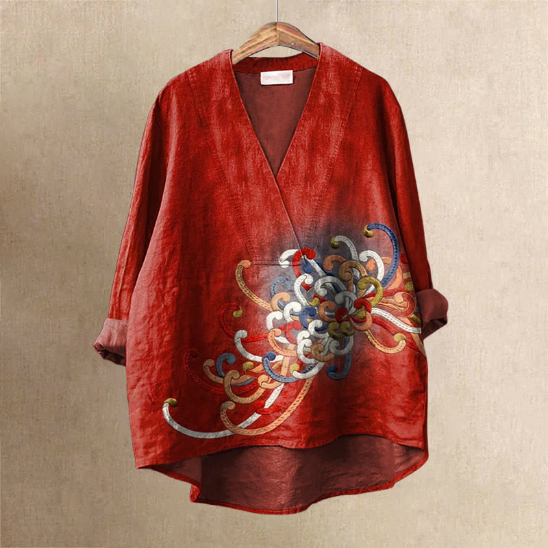 Women's Abstract Colorful Snakes Art Printed Casual V-neck Blouse - Red - 6XL - image 1