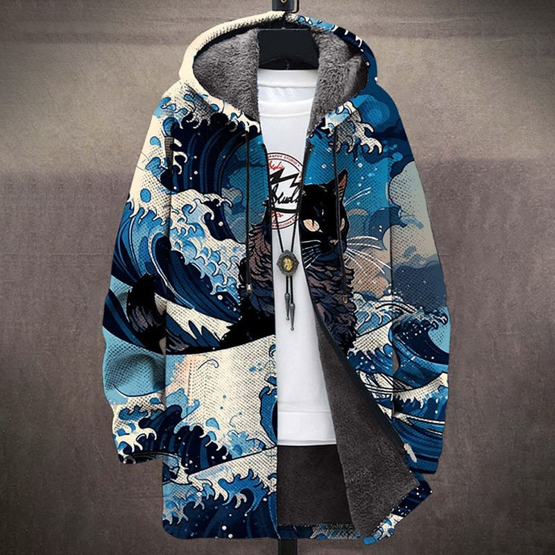 Vintage Kanagawa Surf Kitten Art Print Unisex Plush Thick Long-sleeved Fleece Jacket - Blue - 5XL - image 1