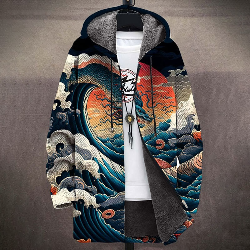 Vintage Japanese Art Ukiyoe Waves And Dragons Print Unisex Plush Thick Long-sleeved Fleece Jacket - Multicolor - 5XL - image 1