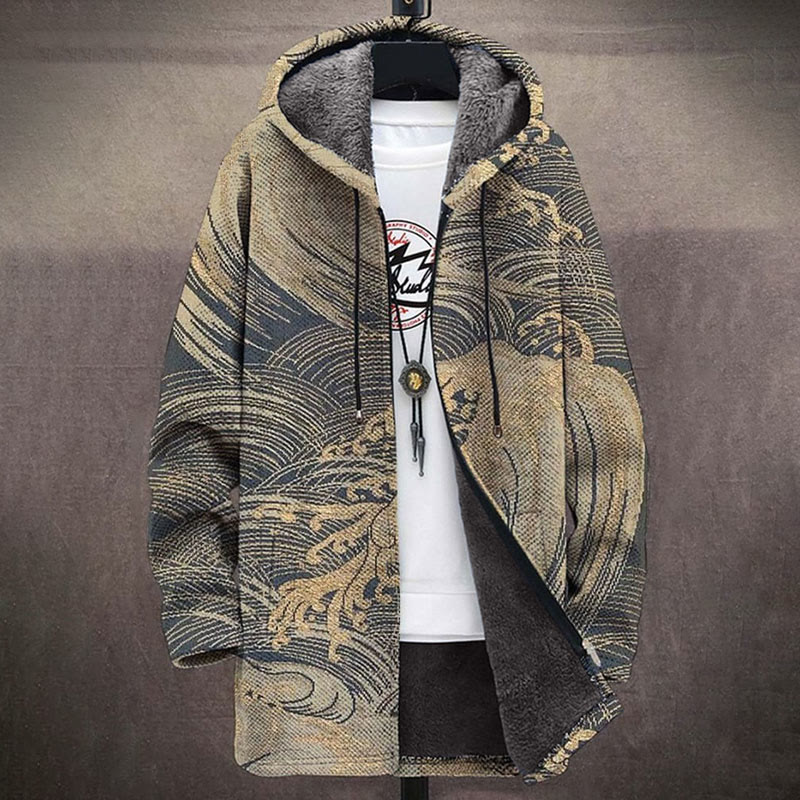 Vintage Japanese Art Ukiyoe Wave Print Unisex Plush Thick Long-sleeved Fleece Jacket - Khaki - 5XL - image 1