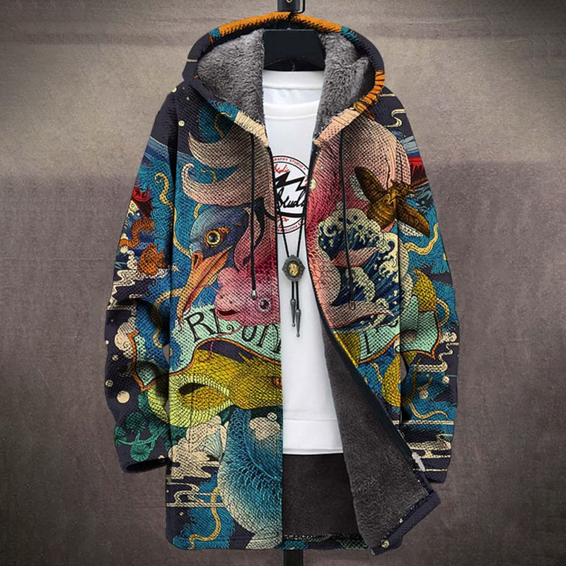 Retro Japanese Ocean Fish Insect Print Unisex Plush Thick Long-sleeved Fleece Jacket - Blue - 5XL - image 1