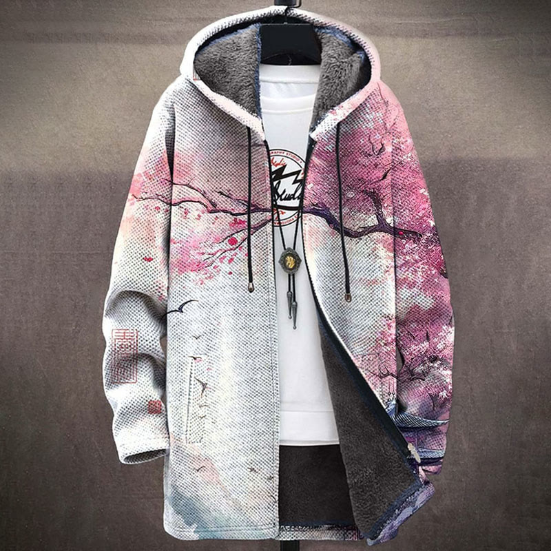 Japanese Style Sakura Templ Print Unisex Plush Thick Long-sleeved Fleece Jacket - Light Gray - 5XL - image 1