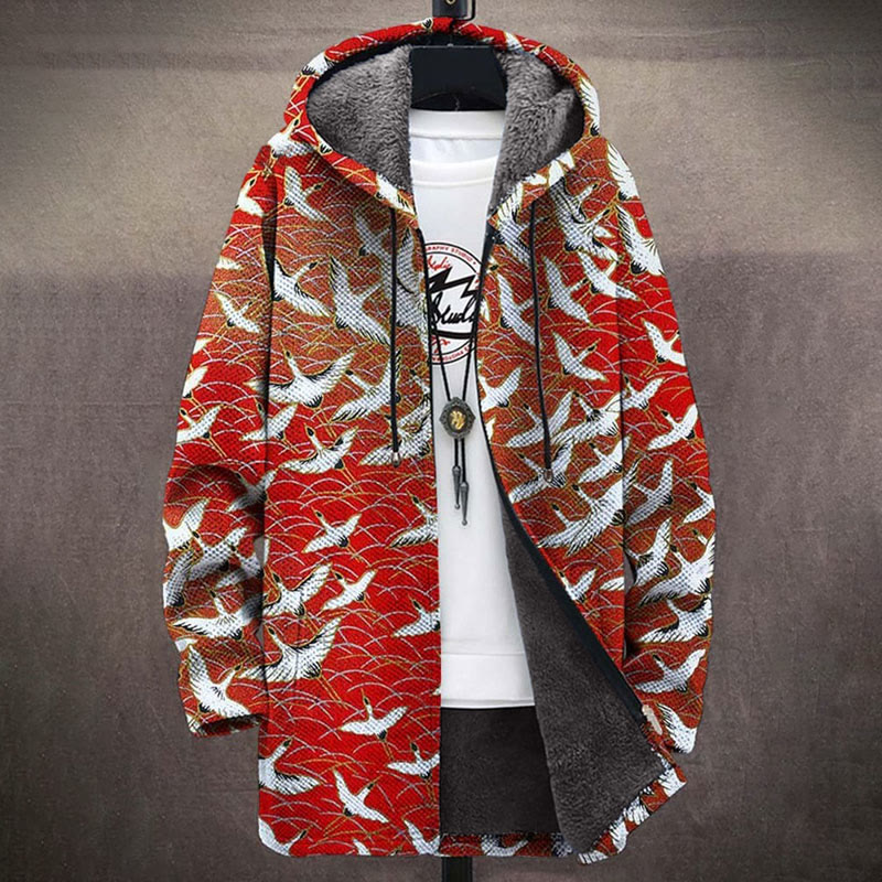 Japanese Style Flying Crane Print Unisex Plush Thick Long-sleeved Fleece Jacket - Red - 5XL - image 1