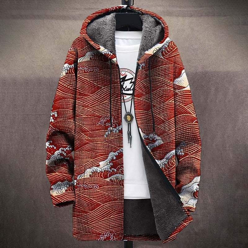 Retro Japanese Red Wave Ripple Print Unisex Plush Thick Long-sleeved Fleece Jacket - Red - 5XL - image 1