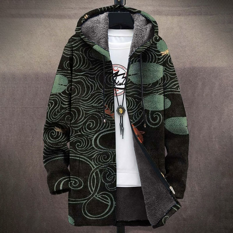 Retro Japanese Lotus Leaf Goldfish Print Unisex Plush Thick Long-sleeved Fleece Jacket - Black - 5XL - image 1