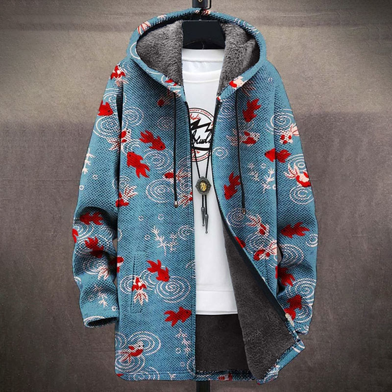 Retro Japanese Goldfish Dotted Ripp Print Unisex Plush Thick Long-sleeved Fleece Jacket - Blue - 5XL - image 1