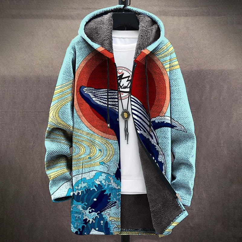 Retro Japanese Asahi Wave Whale Print Unisex Plush Thick Long-sleeved Fleece Jacket - Blue - 5XL - image 1
