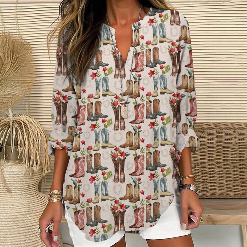 Women's Western Boots Print Shirt - Khaki - 8XL - image 1